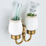 Antique Brass Shower Toothbrush Holder Carved Single/ Double Ceramic Bathroom Hardware Wall Mounted
