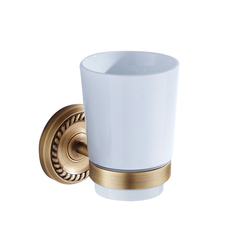 Antique Brass Wall Mounted Gold Toothbrush Holder Single/Double Ceramic Cup Bathroom Hardware Carved