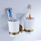 Antique Brass Wall Mounted Gold Toothbrush Holder Single/Double Ceramic Cup Bathroom Hardware Carved