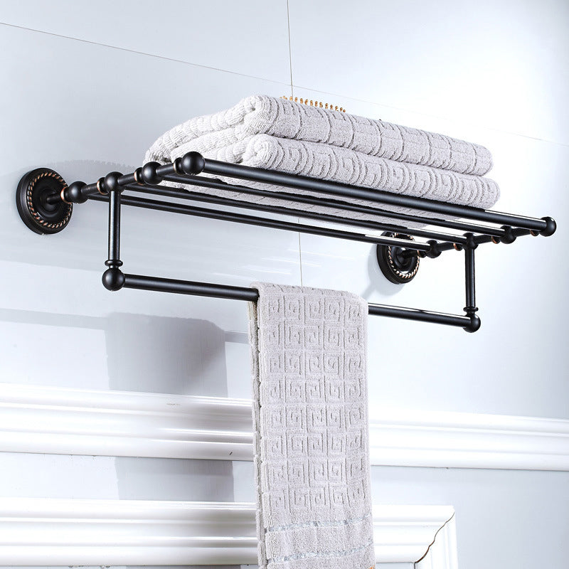 Black Carved Wall Mounted Towel Rack Oil Rubbed Bronze Brass Bathroom Hardware Shelf With Towel Bar