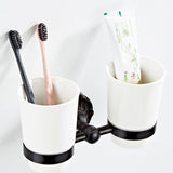 Brass Carved Wall Mounted Toothbrush Holder Single/ Double Ceramic Cup Bathroom Oil Rubbed Bronze