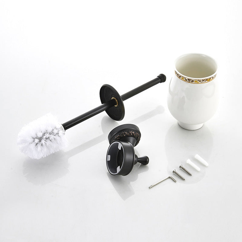 Brass Toilet Brush Holder Decorative Unique Carved with Ceramic Cup Black Hotel Home Oil Rubbed Bronze