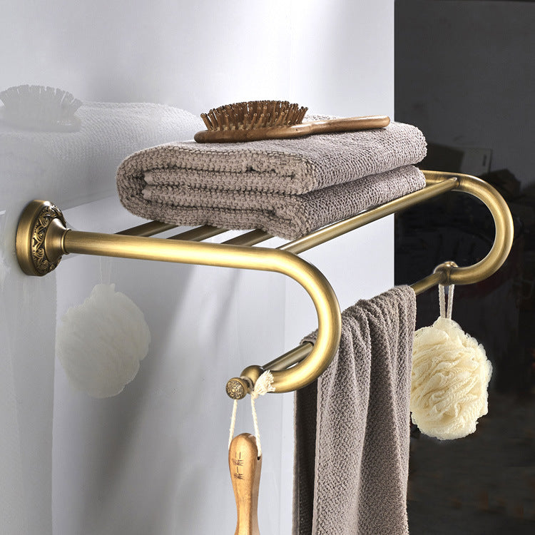 Carved Bathroom Shelf Antique Brass Towel Rack Unique Designer Luxury Gold With Towel Bar Wall Mount