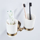 Shower Toothbrush Holder Carved Pineapple Pattern Double Ceramic Cups Wall Antique Brass Bathroom