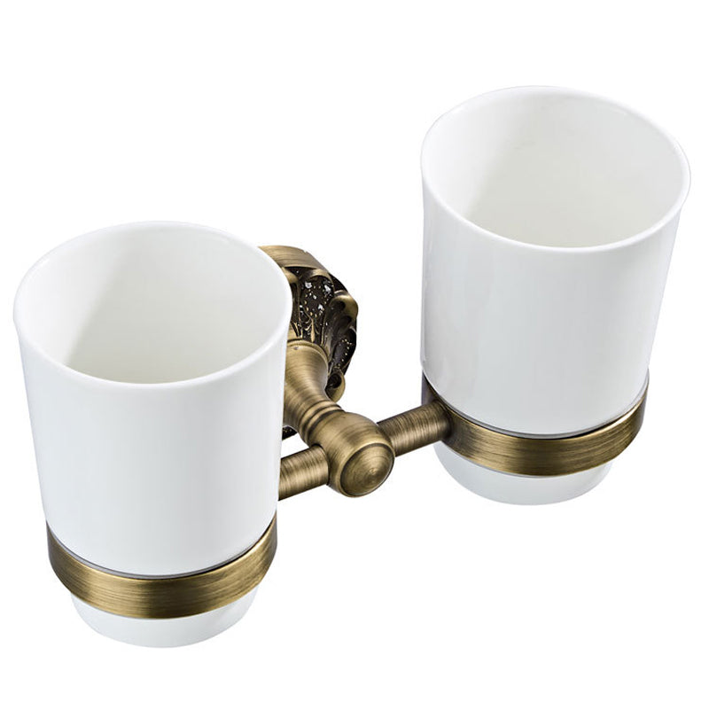 Shower Toothbrush Holder Carved Pineapple Pattern Double Ceramic Cups Wall Antique Brass Bathroom