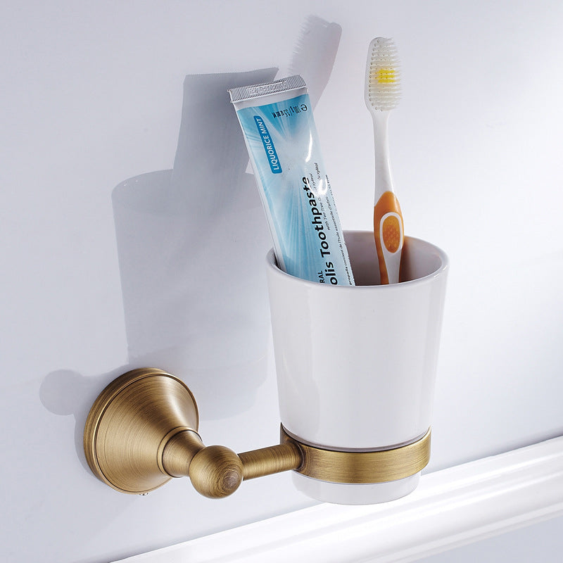 Wall Mount Bathroom Toothbrush Holder Brass Single/ Double Ceramic Cup Brushed Gold Antique Modern