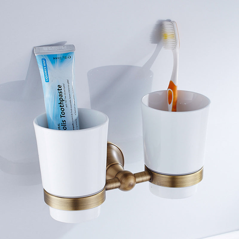 Wall Mount Bathroom Toothbrush Holder Brass Single/ Double Ceramic Cup Brushed Gold Antique Modern
